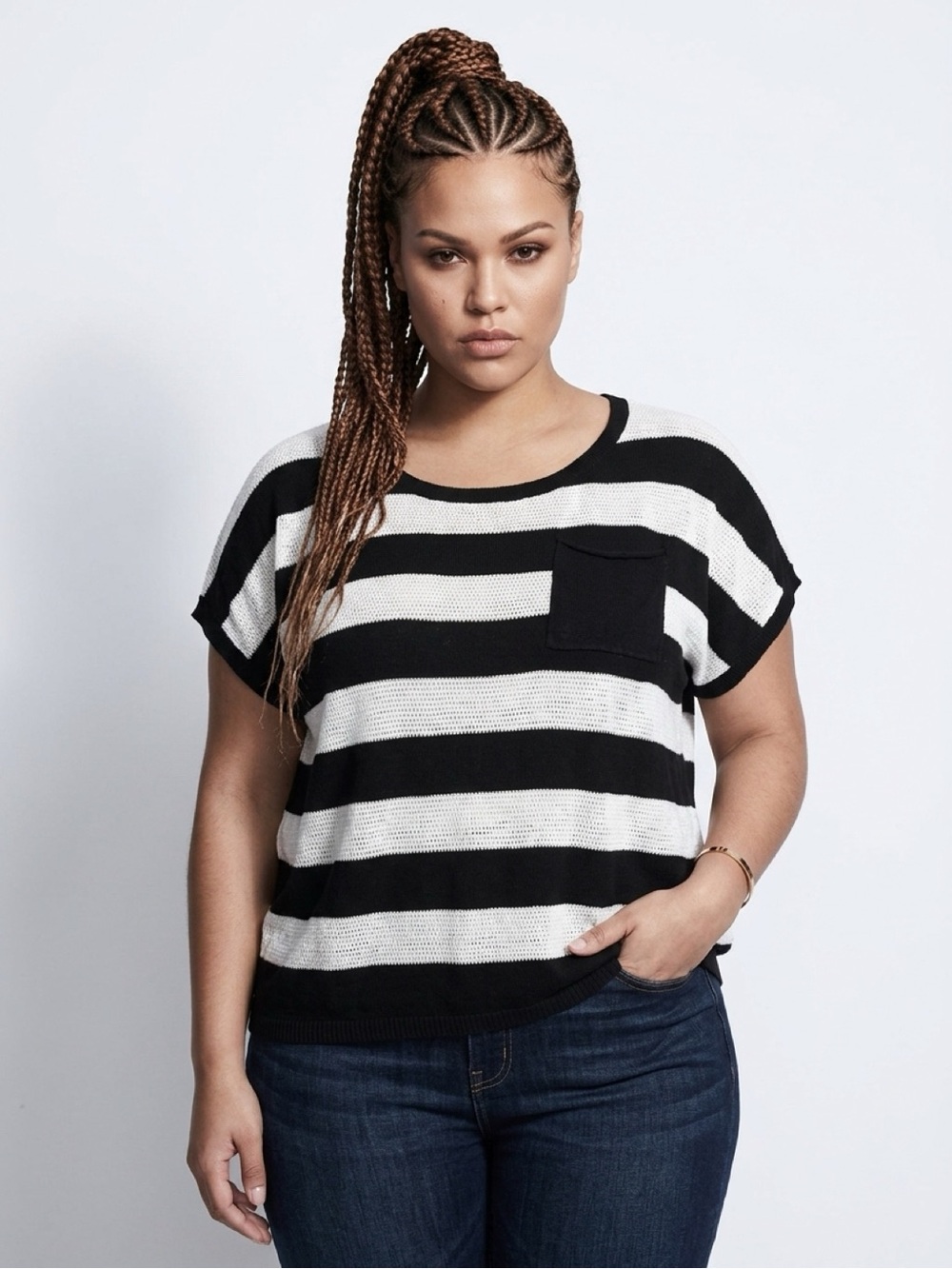 Jones New York Black White Striped Short Sleeve Open Knit Sweater 3X